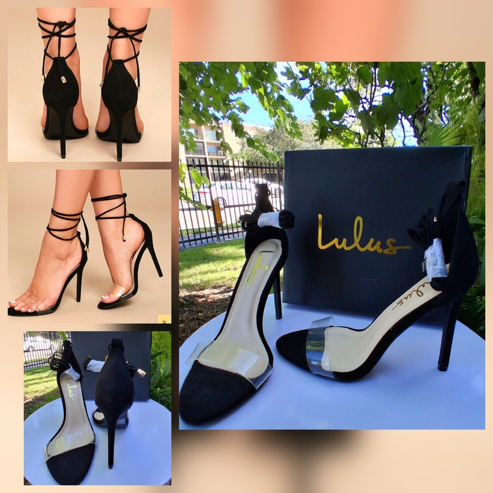 🔥NWT Lulu's LEDAH Black SUEDE Strappy LACE-UP Heels 6.5 & FREE GIFT